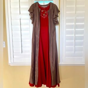 Brown & red rare combination double layer ruffle sleeve LONG GOWN